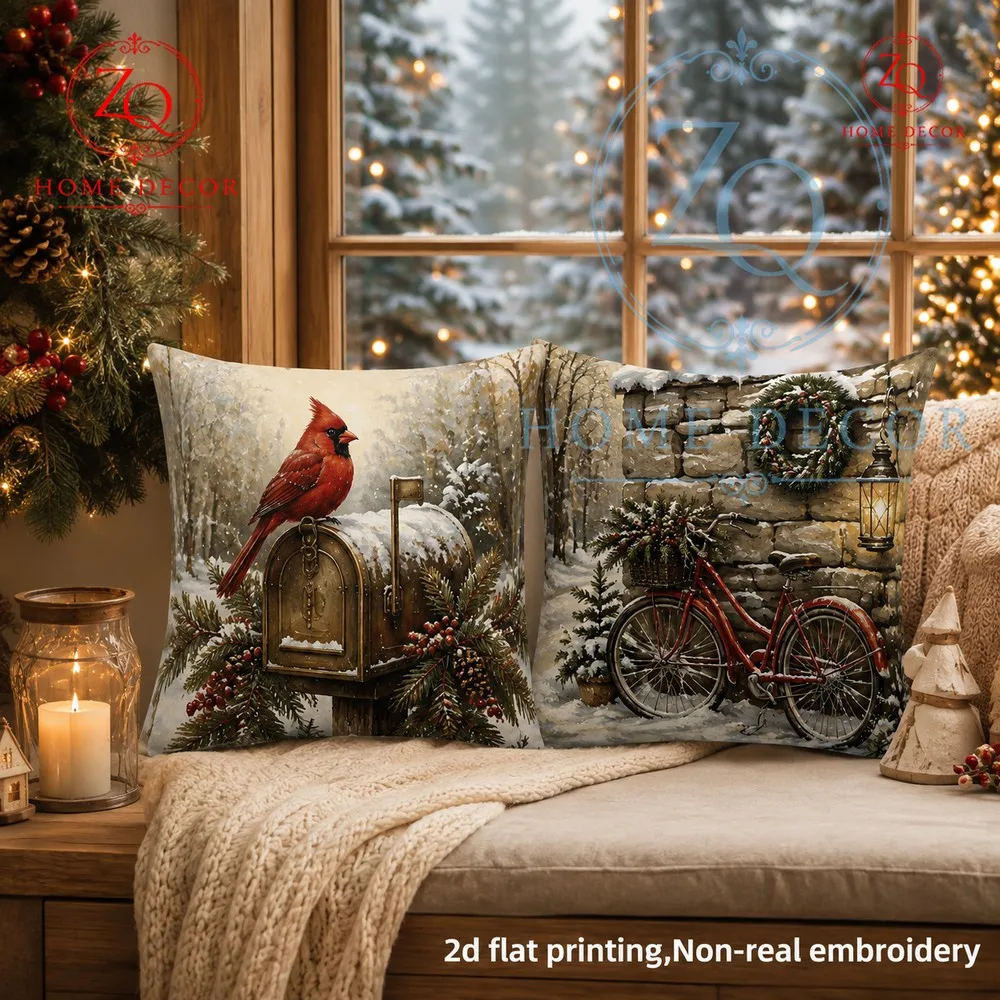 The vintage stone wall  red bicycle Christmas pillowcase evokes a warm  festive winter countryside scene