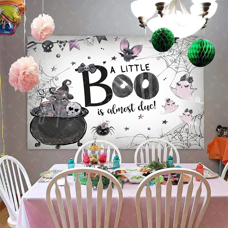 Halloween Baby Shower Backdrop with Magic Theme Halloween Pumpkin Boo Background  Cute Cat Balloon Photography First Birthday