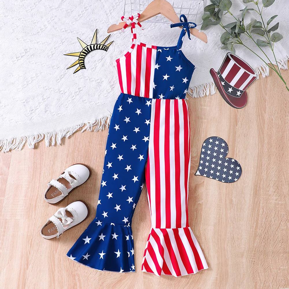 Girls' spring and summer American Independence Day holiday camisole with bowknot long jumpsuit