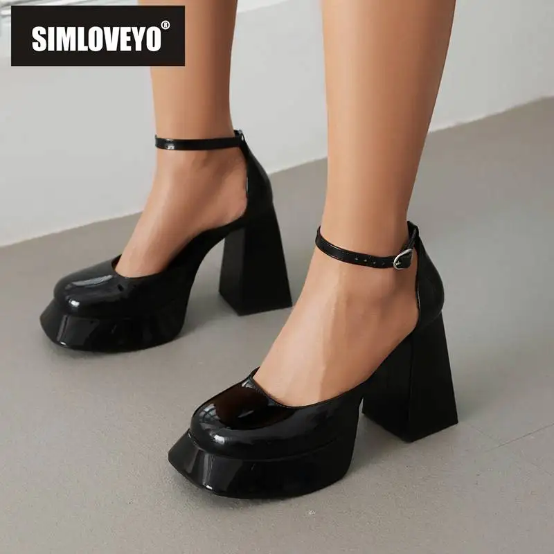 SIMLOVEYO Ladies Pumps Patent Leather Round Toe Chunky Heel 10.5cm Platform 3cm Buckle Strap Big Size 41 42 43 Sexy Dating