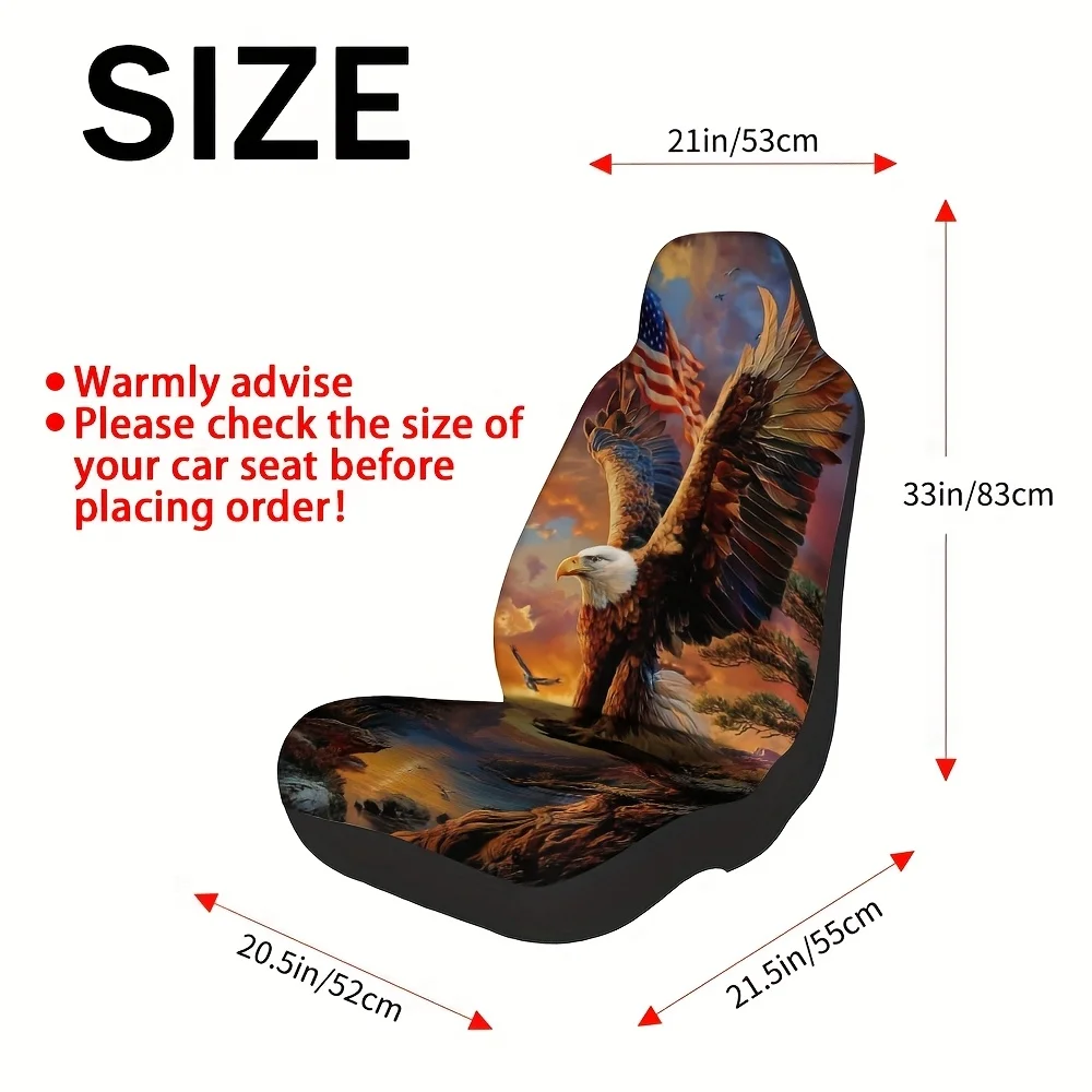 2pcs Sunset Print Front Seat Covers - Elegant Eagle & Flag Design, Quick-Remove & Washable, Durable Polyester, Fit For Cars, Tru