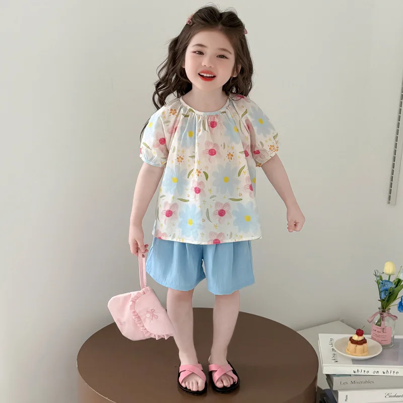 

Girls' Summer Floral Doll Shirt Set 2025 New Baby Girl Foreign Sweet Top and Shorts Two-piece Set