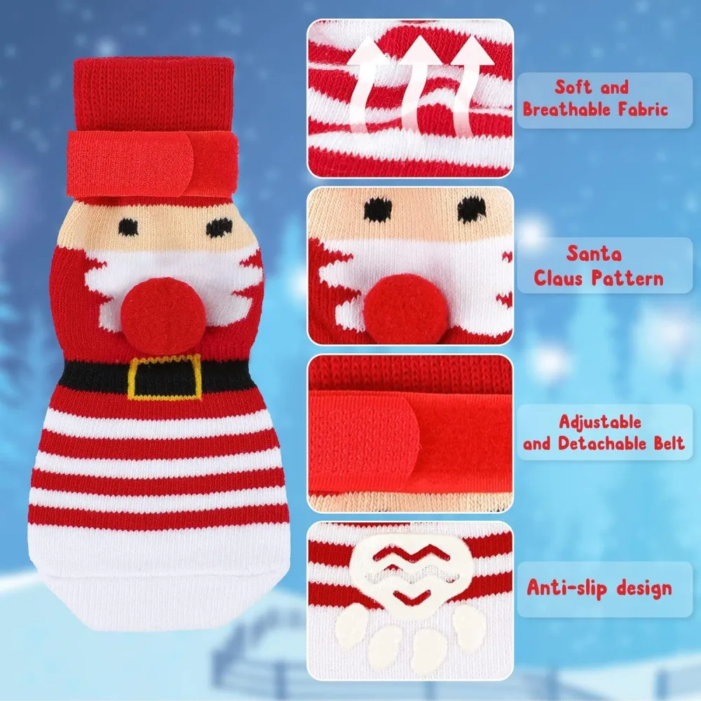 1 Pair Christmas Dog Socks, Santa Claus Snowflake Anti-Slip Knit Pet Paw Protector Socks, Warm Soft Pet Foot Cover for Small Medium Dogs Puppy Indoor Floor Xmas Holiday Costume