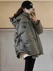 Women Solid Loose Puffer Jacket Winter Korean Chic Oversized Thickened Hooded Warm Parkas Female Grey Coat Lady Padded Jacket