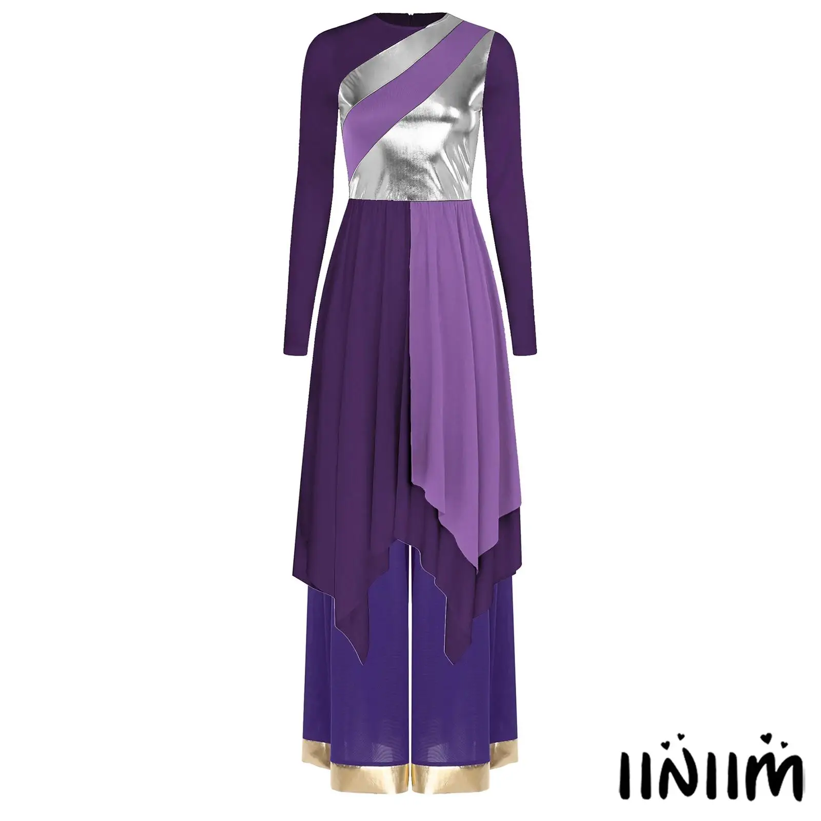

Women's Elegant Liturgical Dance Set with Metallic Contrast Color Dress And Flowing Wide Leg Pants for Church Dance Performances