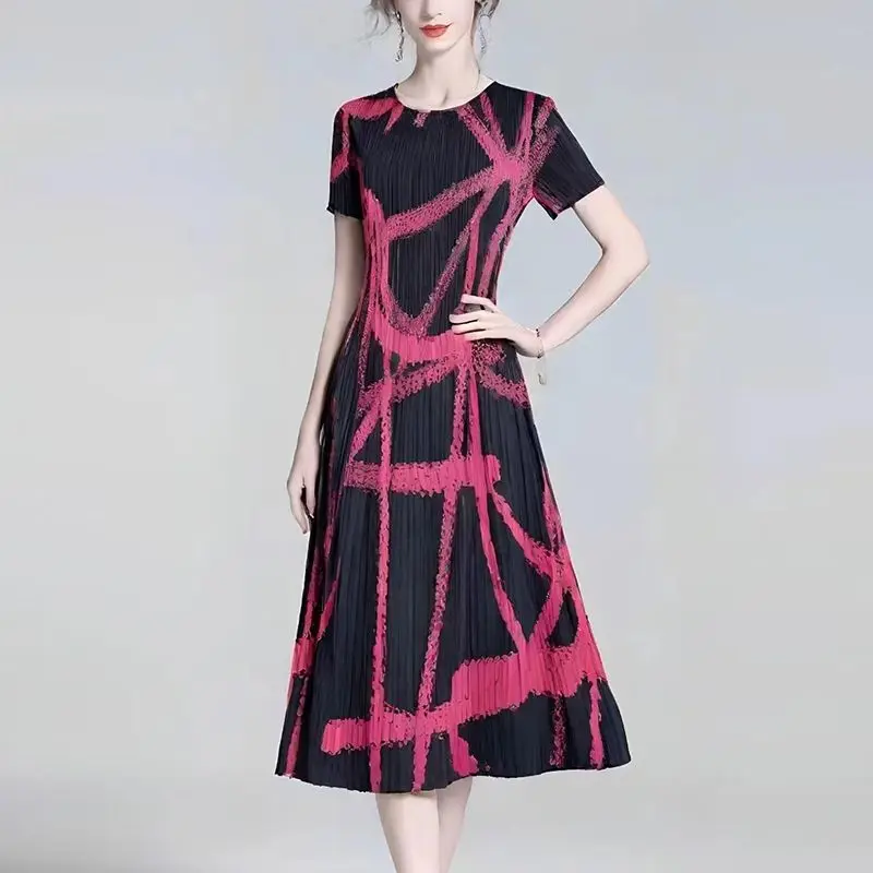 2025 Estate Nuovo Temperamento Gonna a pieghe oversize Moda donna Stampa O-Collo Manica corta Abito longuette Abito vintage da donna