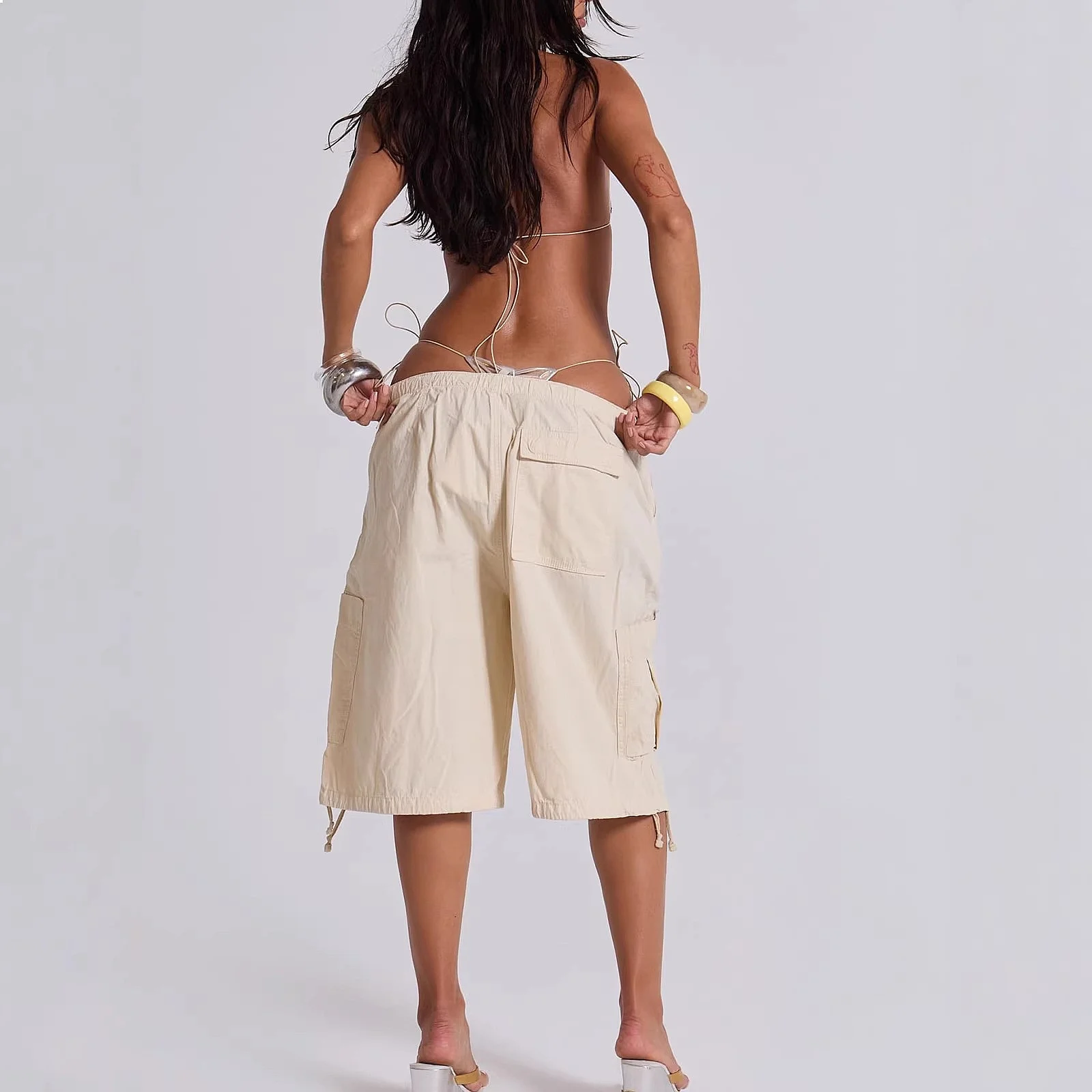 Women's Jean Drawstring Cargo Short Bermuda Shorts Spring Summer Casual Pockets