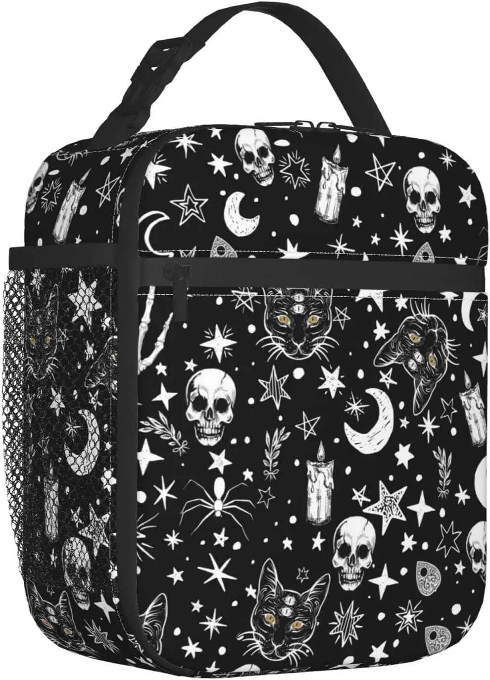 Skeleton Cat Pattern Lunch Bag Insulated Leakproof Lunch Box Tote Cooler Bag with Side Pockets for Work Picnic Travel Camping