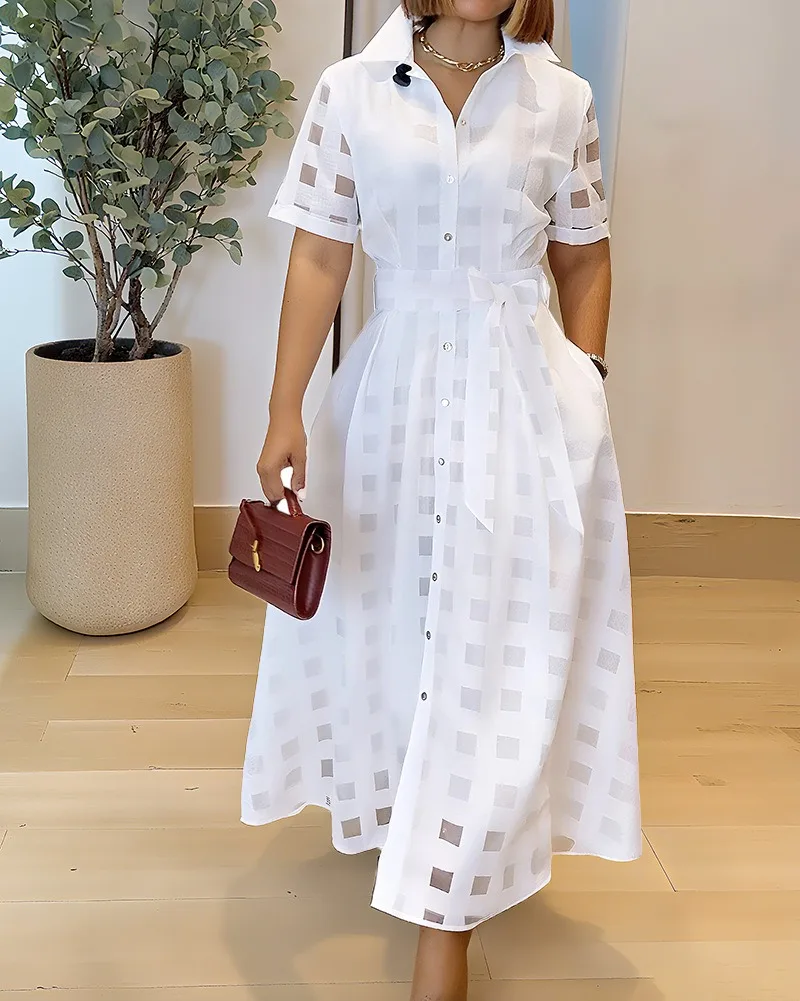 Lente Vrouwen Turn-down Kraag Plaid Mesh Dubbellaags Cinched Taille Maxi Jurk Button Down Strikje Taille Woon-werkverkeer Jurk