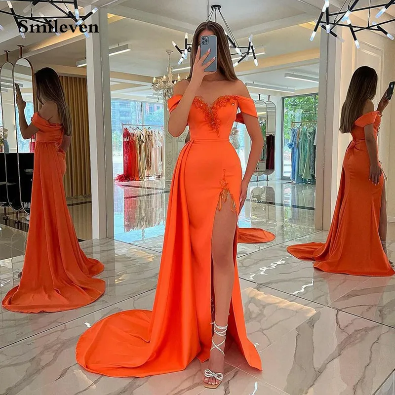 

Smileven Orange Prom Dresses 3D Flowers Off Shoulder Evening Gowns Side Split Saudi Arabia Simple Wedding Party Dress 2023