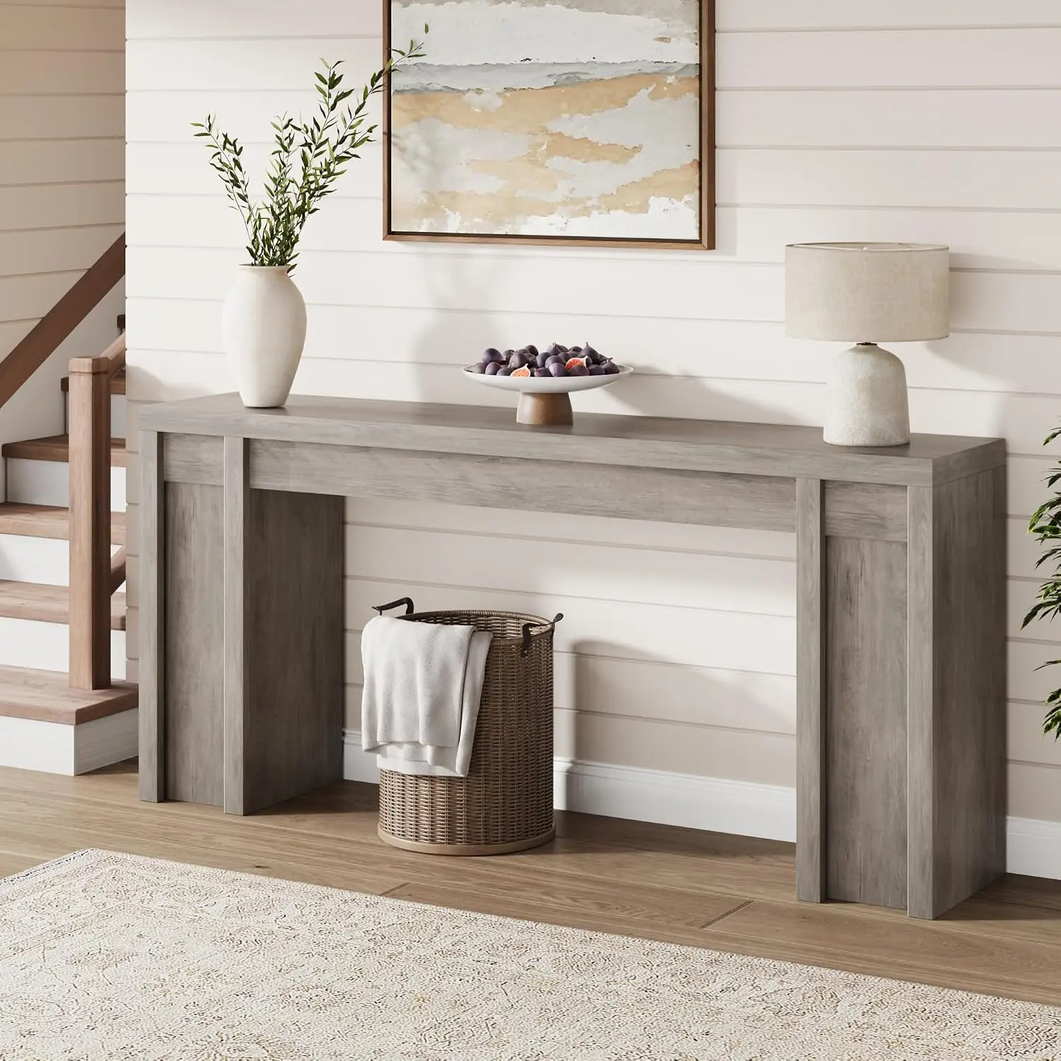 70.9 in Gray Entryway Table, Wooden Farmhouse Console Table Below Mounted TV, Thick Sofa Table Behind Couch Table,, Customized