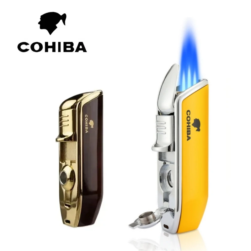COHIBA-Windproof Metal Cigar Lighter, 3Jet Blue Flame, Turbo Torch, Portable Igniter with Cigar Punch Tool, Men Gift