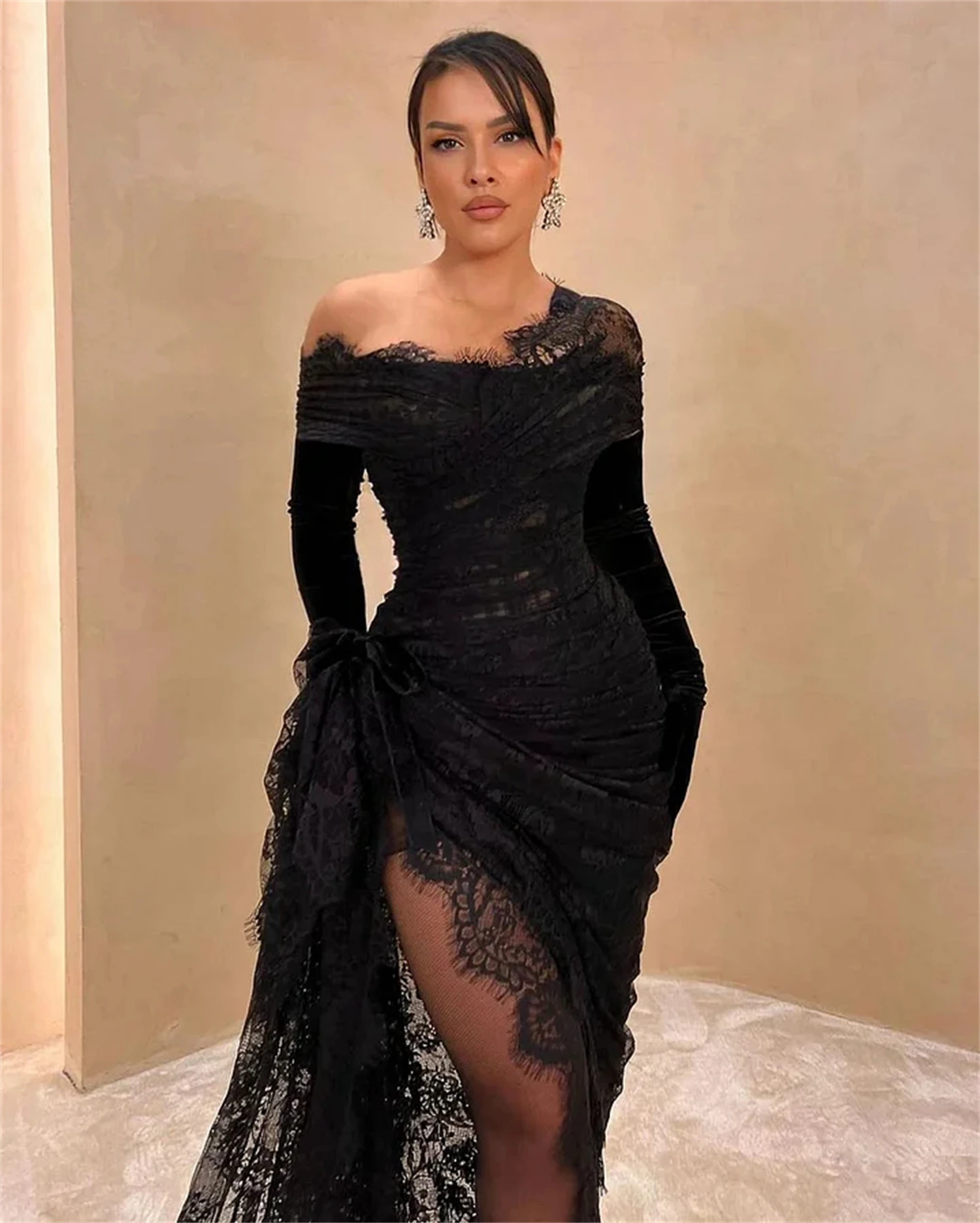 Elegant Party Dress for Women customized Black Lace Grace Formal Dresses for Prom Sexy Ball Gown Sharon Happy Mermaid Slit Gala