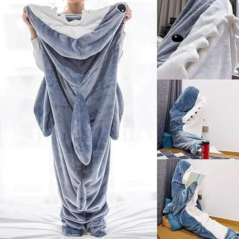 Cartoon Shark Blanket Hoodie Man Women Kigurumi Playsuit Parents Hooded Warm Flannel Funny Homewear Shark Onesie Sleeping Bag image 3