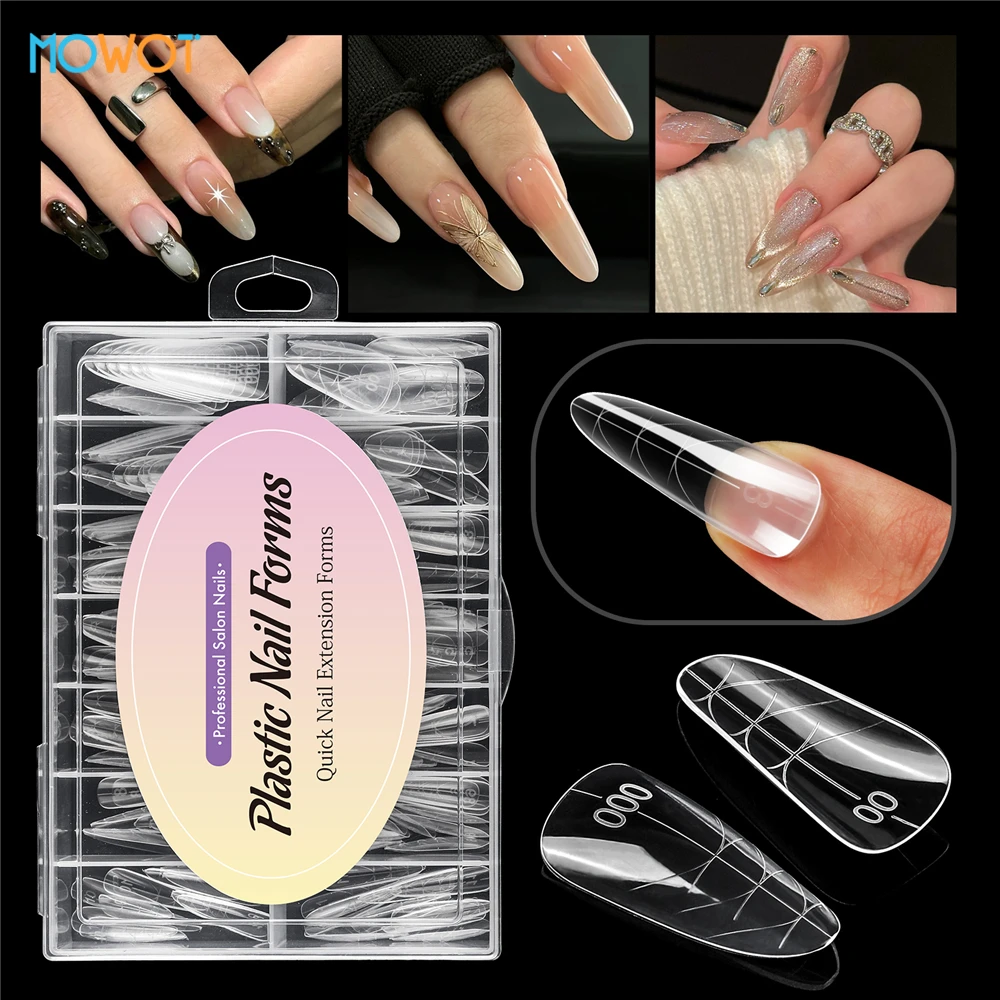 MOWOT 140 stks/doos Dubbele Vormen Nagel Mallen Helder Acryl Herbruikbare Nagelverlenging Bovenste Mallen Volledige Dekking Nail Top Vorm Manicure Gereedschap