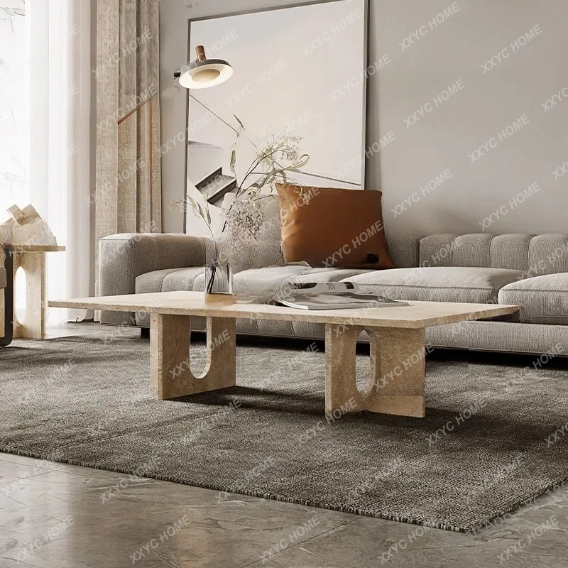 

Sansan natural Roman travertine rectangular coffee table light luxury living room coffee table