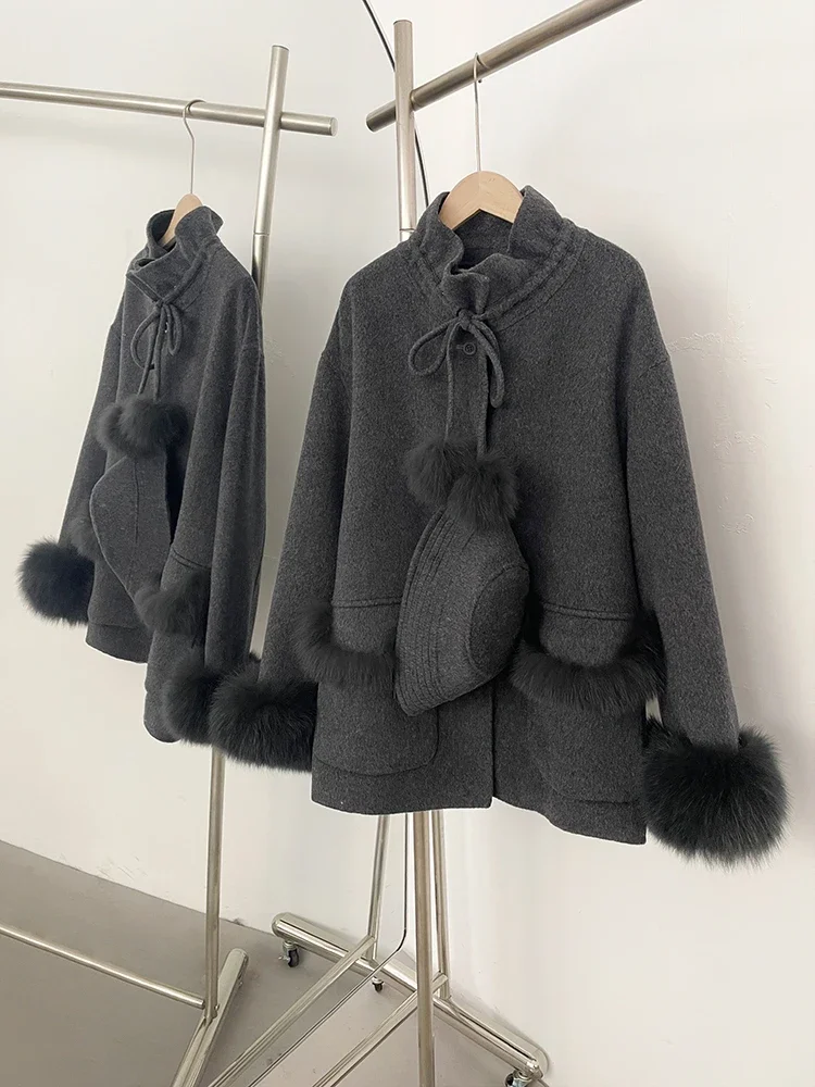 신상 여성 루즈핏 리얼 폭스 퍼 100% 울 코트 모자 포함 천연 모피 캐시미어 울 재킷 여성 가을 겨울 상의