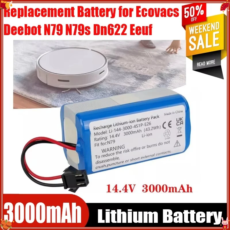 14,4v 3000mAh Replacement Battery for Ecovacs Deebot N79 N79s Dn622 Eeuf
