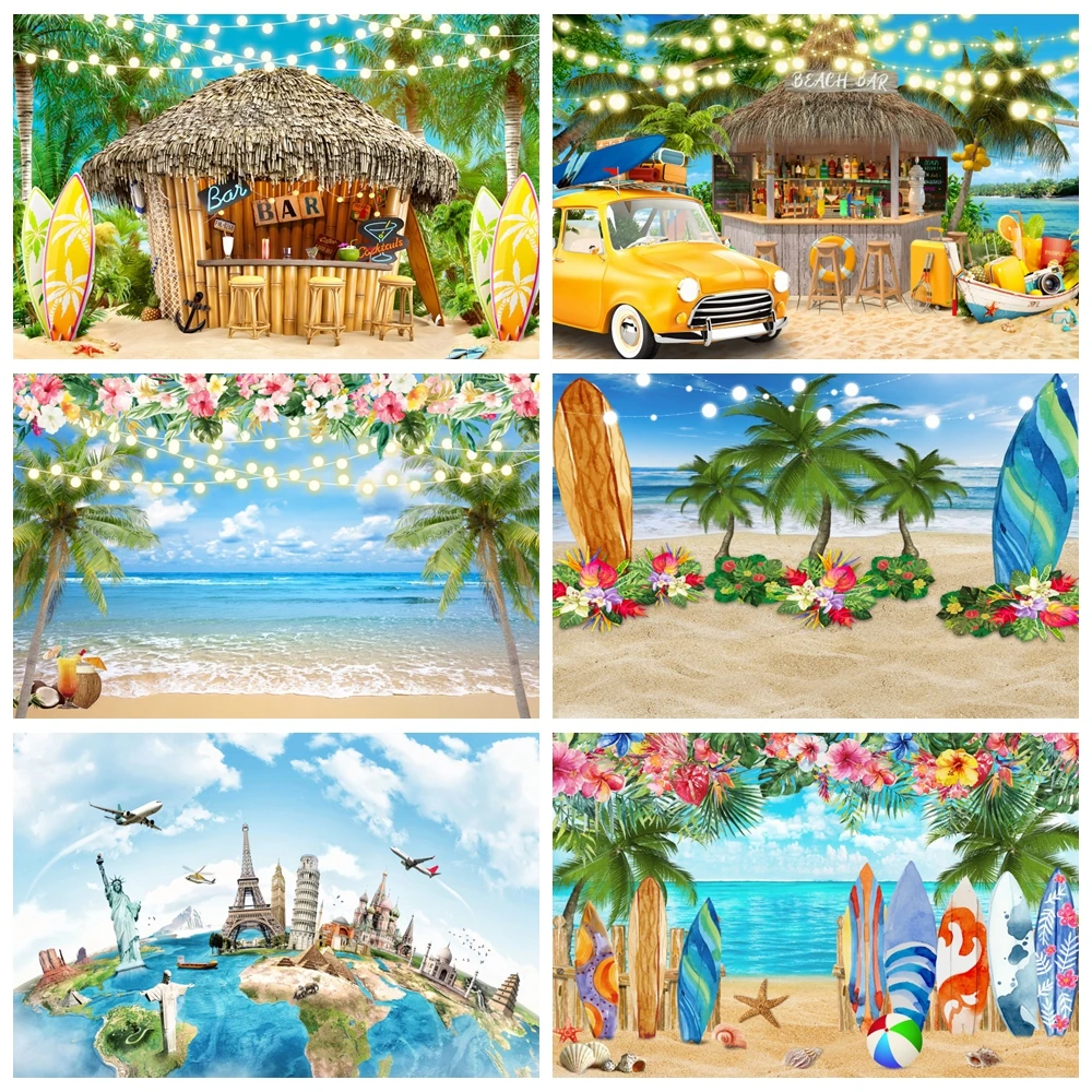 

Summer Tropical Beach Hawaiian Backdrop Aloha Luau Seaside Flamingo Ocean Surfboard Holiday PartyBirthday Photography Background