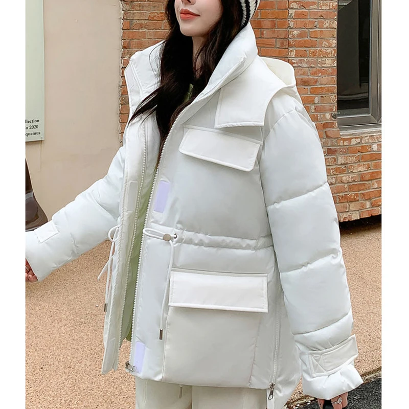 Gidyq Winter Thick Warm Parkas Women Fashion Designed Drawstring Loose Down Jacket Casual Female Big Pocket Korean Puffty Coats