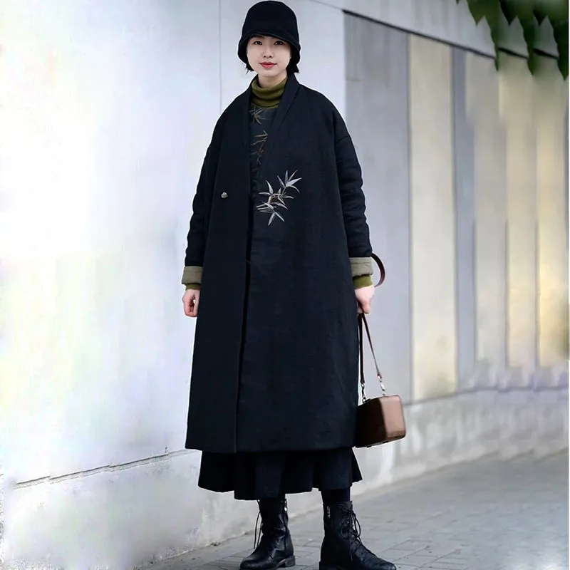 Autumn Winter Linen Embroidery Cotton-Padded Jacket Women's Retro Cotton Lightweight Long Coat Loose One Button Hanfu High-End