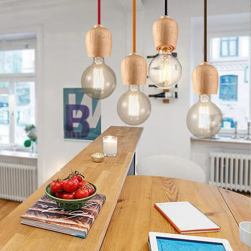 

Modern Wood Pendant Dining Room Colorful Cord Lamp Hanging Lighting Fixtures E27 Base Bedroom Suspension Luminaire