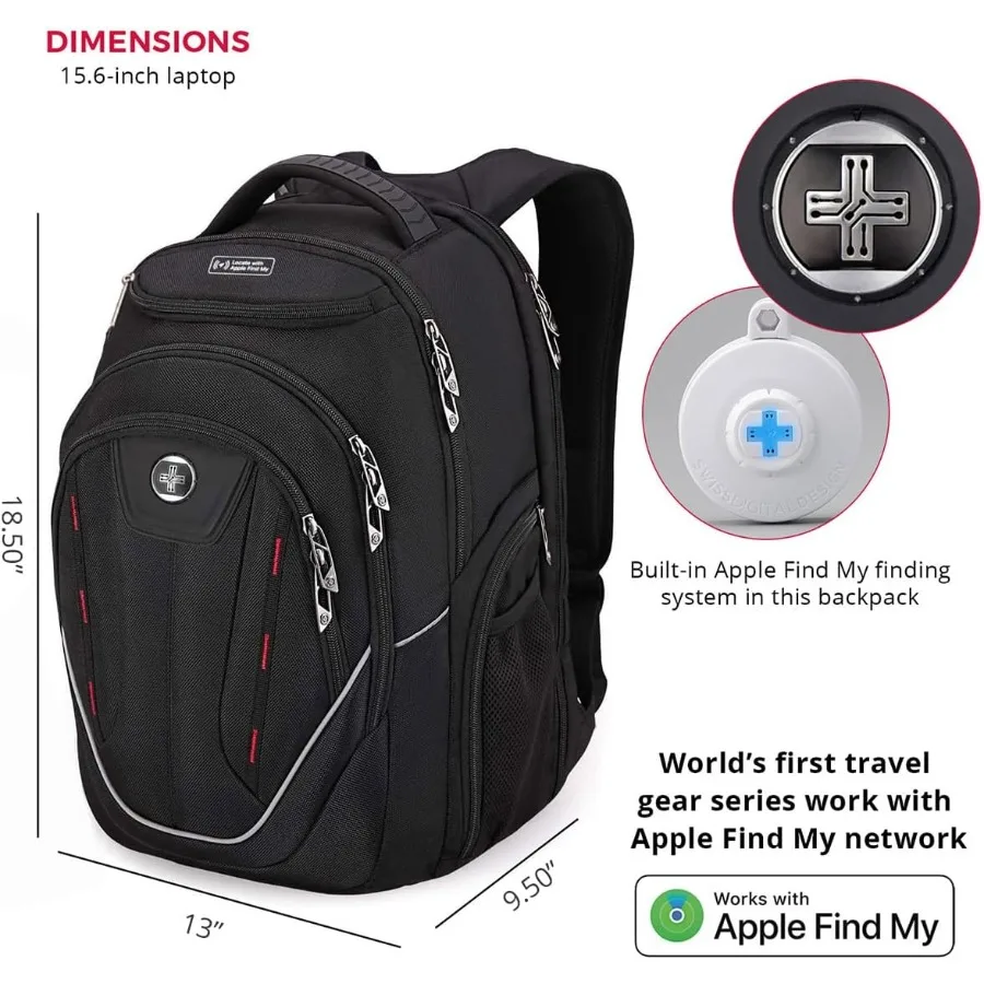 حقيبة ظهر للكمبيوتر المحمول من Swissdigital Design TSA للرجال بمنفذ شحن USB بسعة كبيرة حقيبة ظهر للسفر للأعمال باللون الأسود مع Apple Find M #3