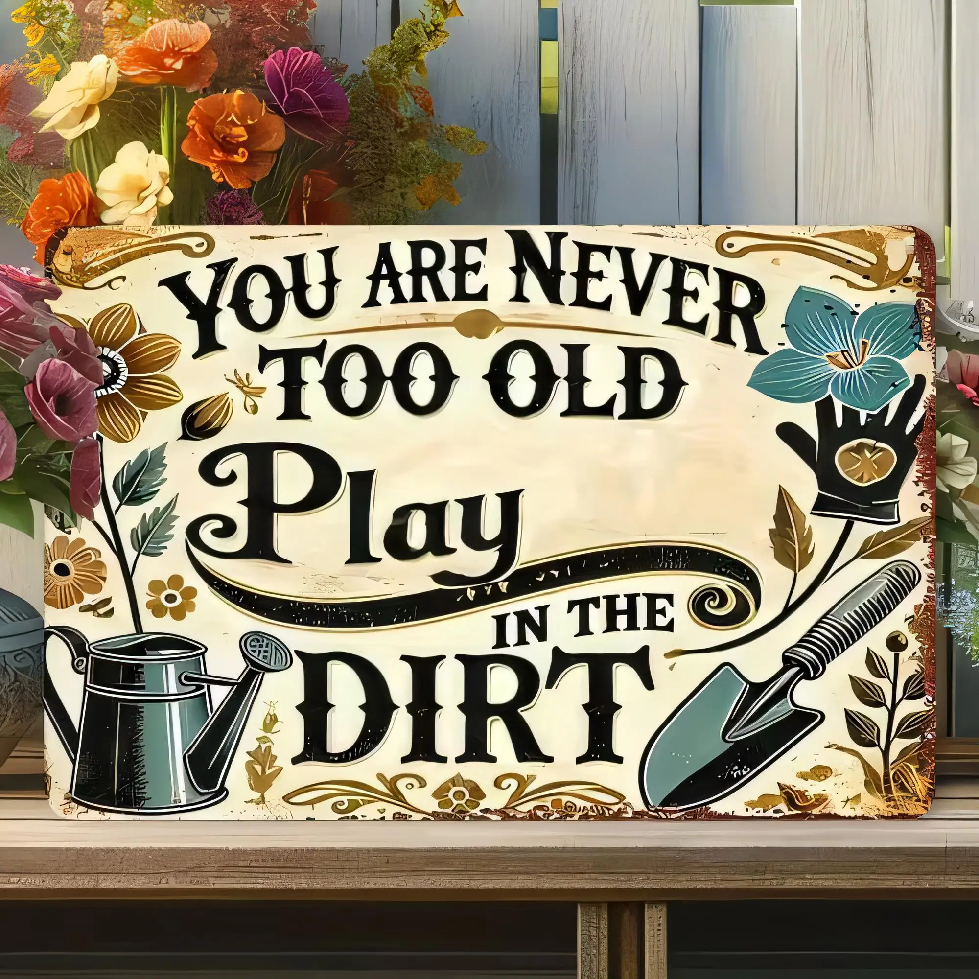 Tin Sign You Are Never Too Old to Play in the Dirt Retro Vintage Garden Outdoor Metal Wall Plaque for Lawn Yard Patio Farmer Dec