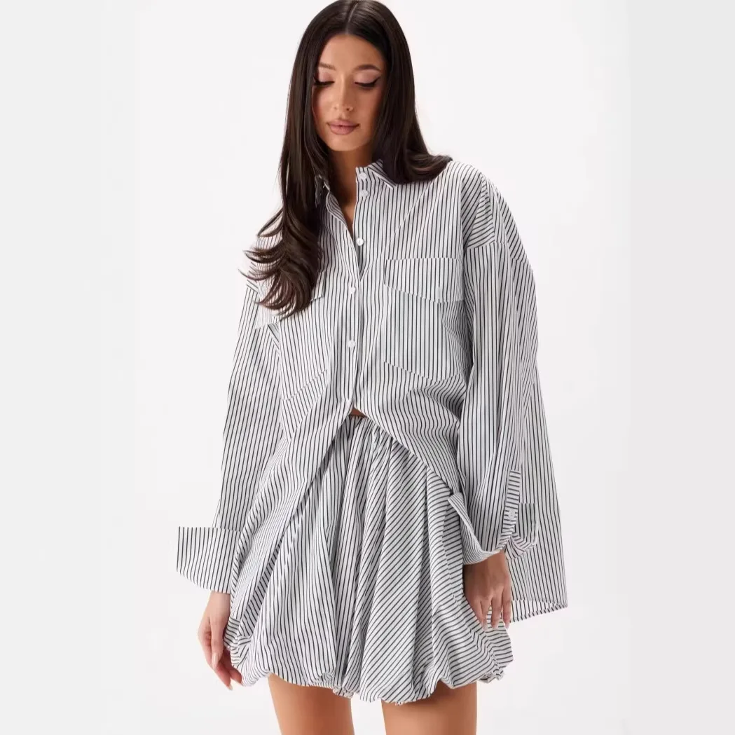 

Французский комплект из 2 предметов: женская модная полосатая рубашка с длинным рукавом и юбка с эластичным поясом, мини-юбка с высокой талией, комплект из двух предметов