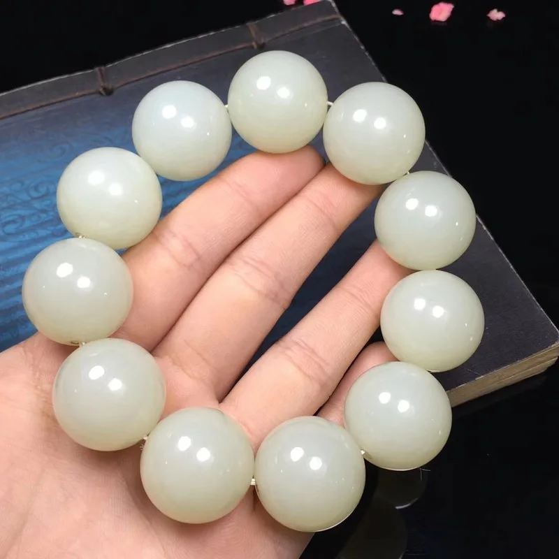 Hotan A White Jade Round Bead Oily Jadeite Bracelet Men And Women
