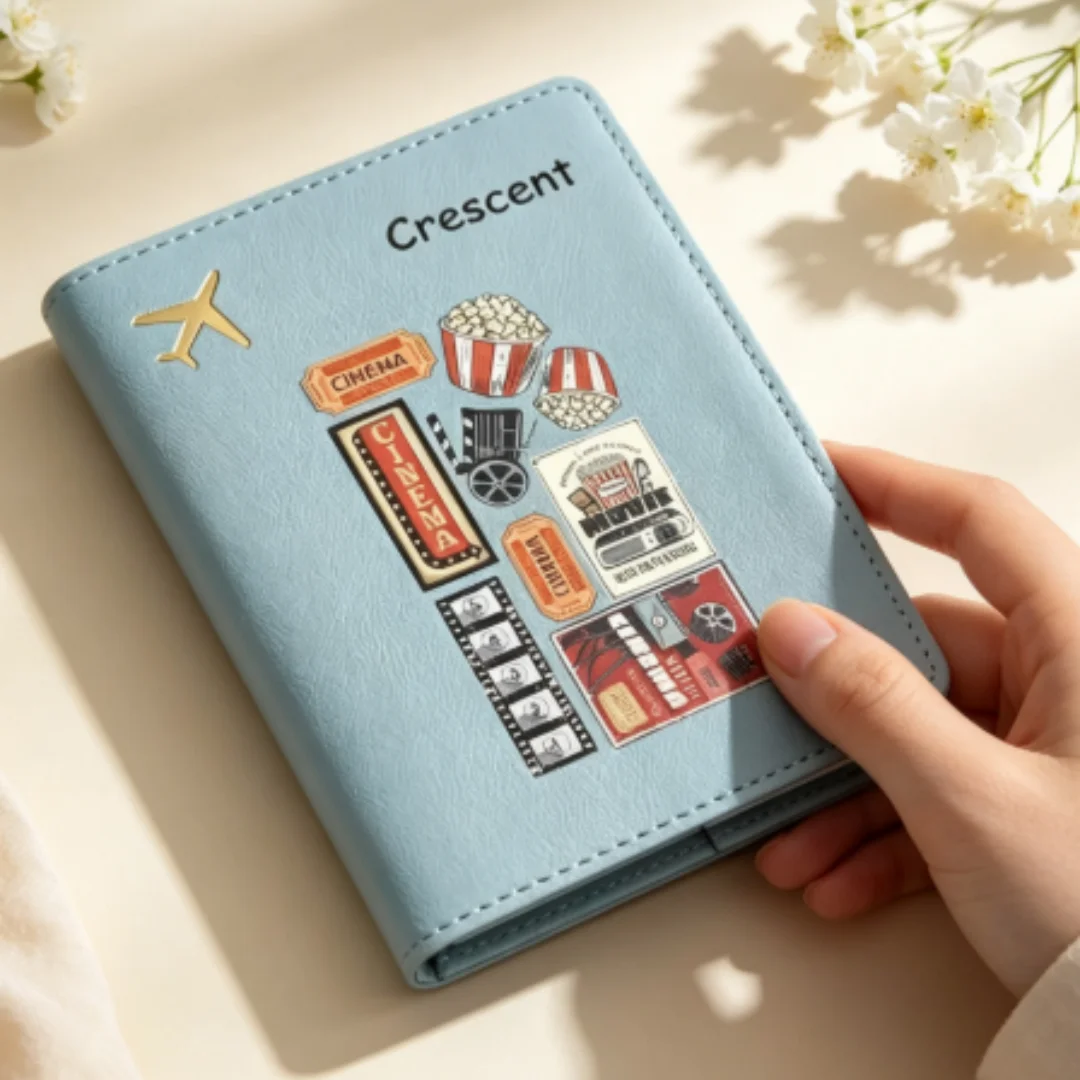 Personalized Customized Name Retro Cinema Themed Passport Cover, Airplane ID Passport Wallet For Men And Women
