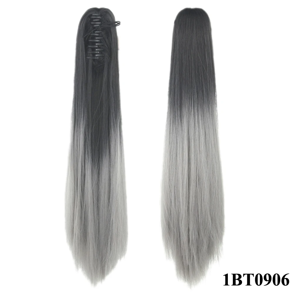 Soowee Long Straight Black to Grey Hairpiece Clip In Hair Extension Synthetic Hair Claw Ponytails Purple Pony Tail for Women