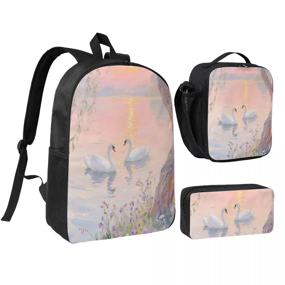 Elegant White Swan Gliding On Water Backpack Student BookBag School Bag Shoulder Bags 3ps Insulated Lunch Bag Pencil Case