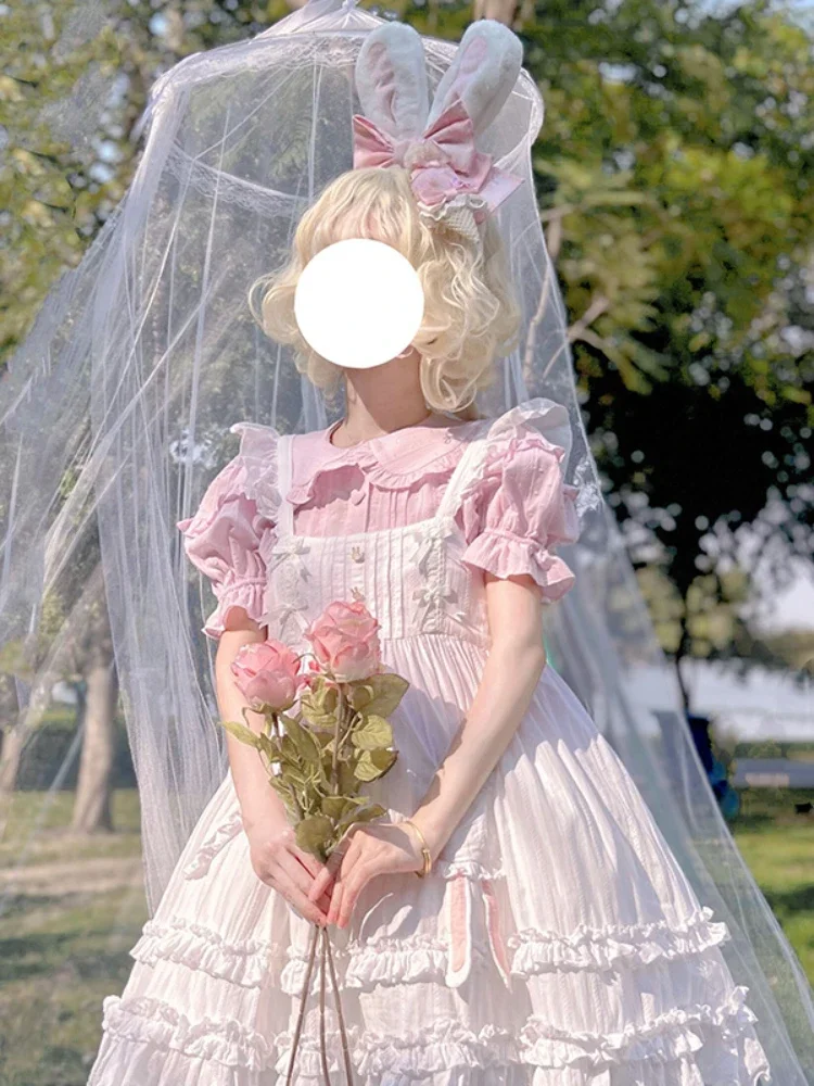 Sweet Lolita Blouses Women Cute Ruffles Peter Pan Collar Short Sleeve Shirts Japan Style Loose Inside Tops Kawaii Vintage Blusas