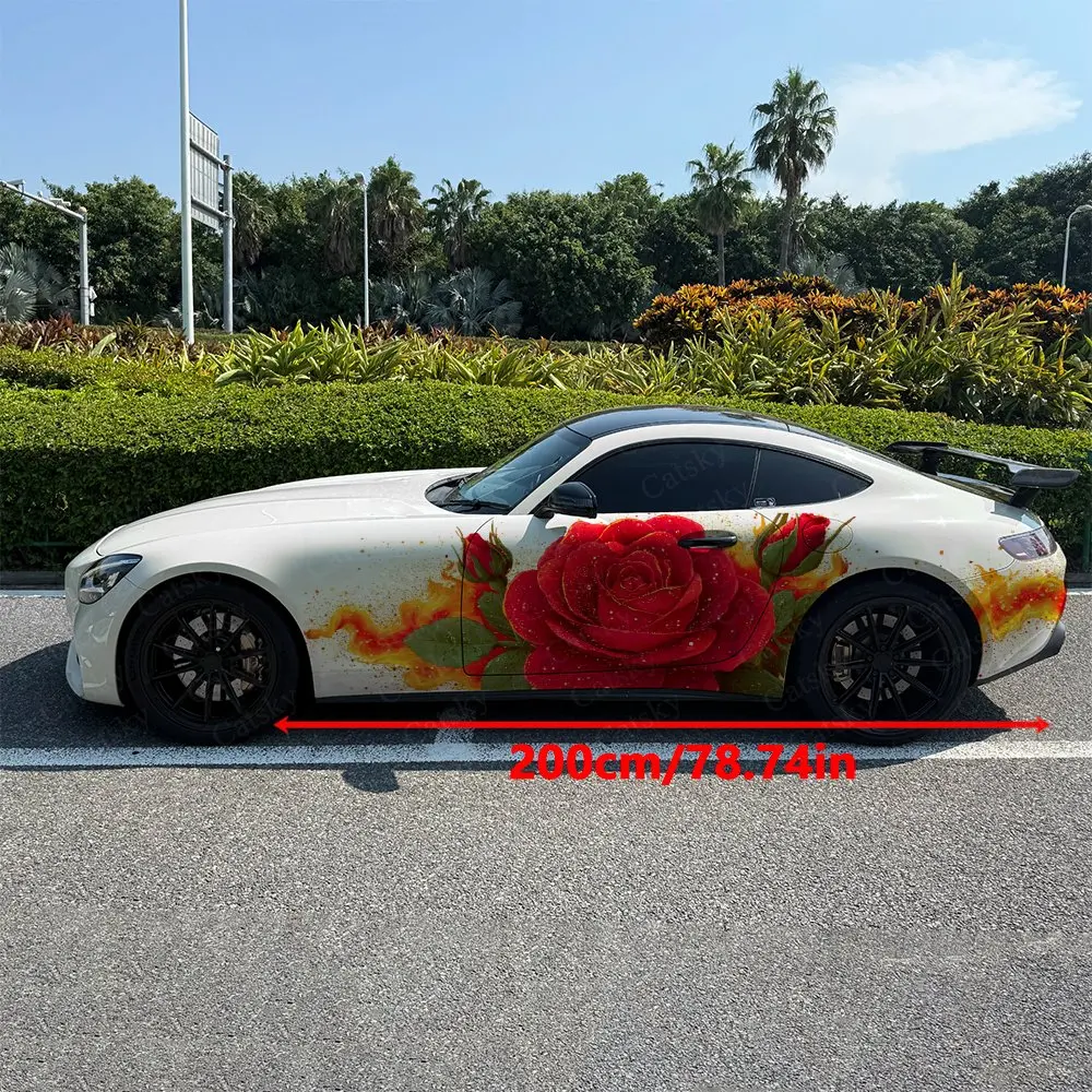 2pcs Roses Gilded Fire Blaze Car Side Wraps, Self-Adhesive PVC Waterproof & Scratch-Resistant Stickers, Car Accessory Gift