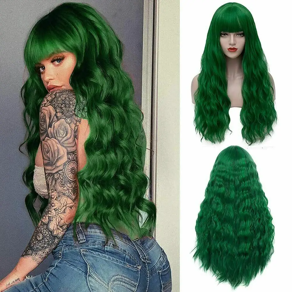 Long Curly Wavy Green with Bangs HalloweenHair Costume Heat Resistant Wigs