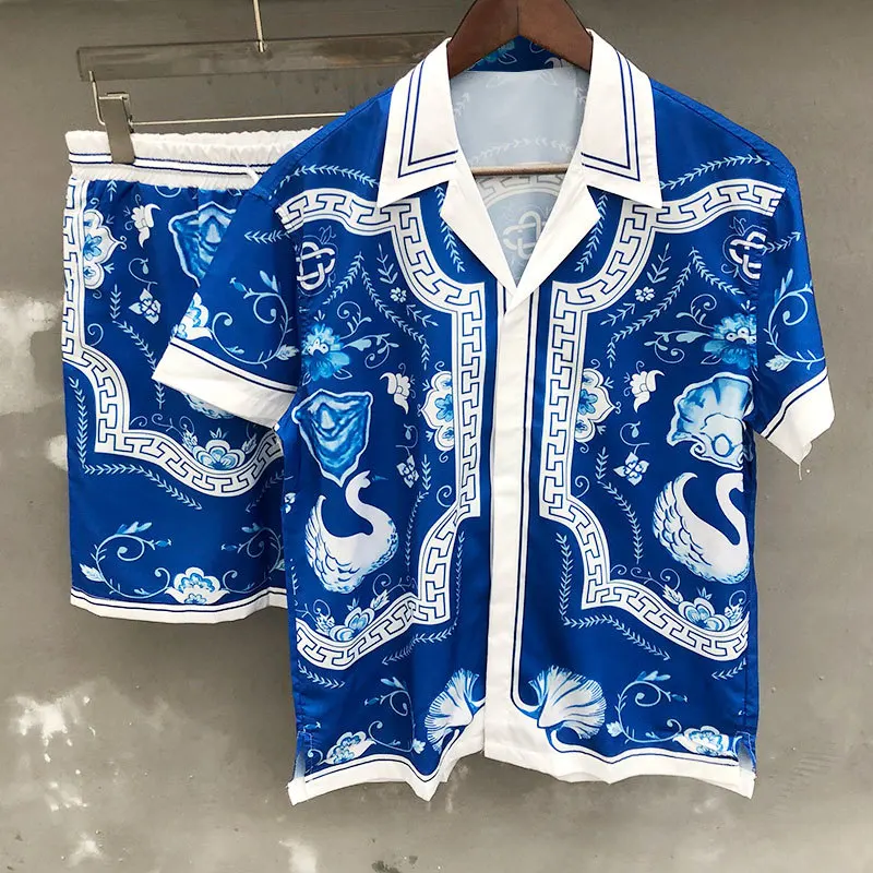 High Quality Lapel Streetwear Shirt Suit Vintage Geometric Print Short-sleeved Shirt Set Short Top For Men Casual Sets Homme