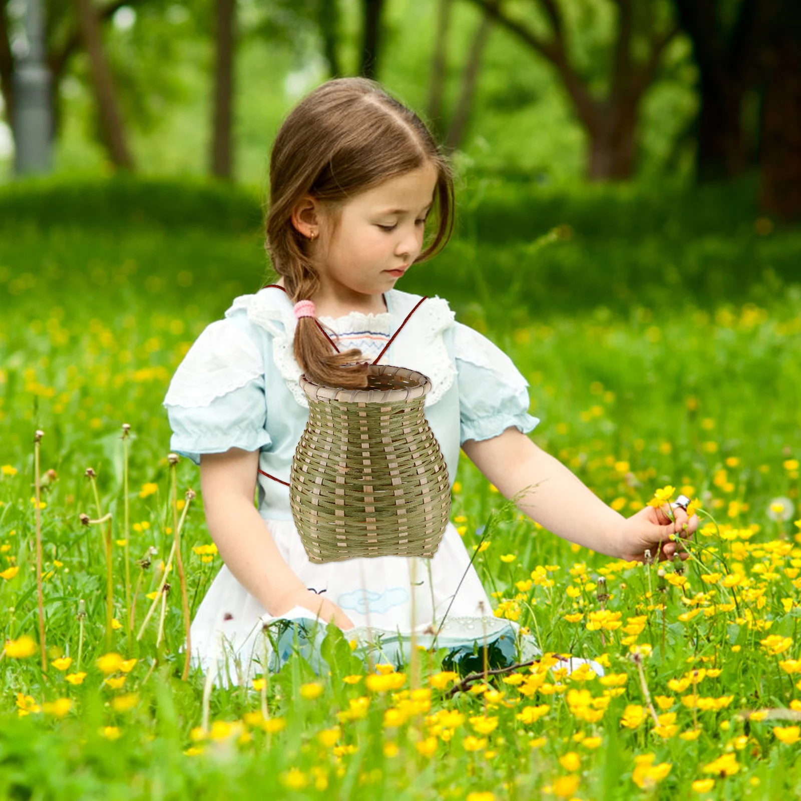 

Bamboo Woven Back Basket Kids Gift Empty to Fill Hand Flower Ethnic Style Picnic Stage Performance Prop