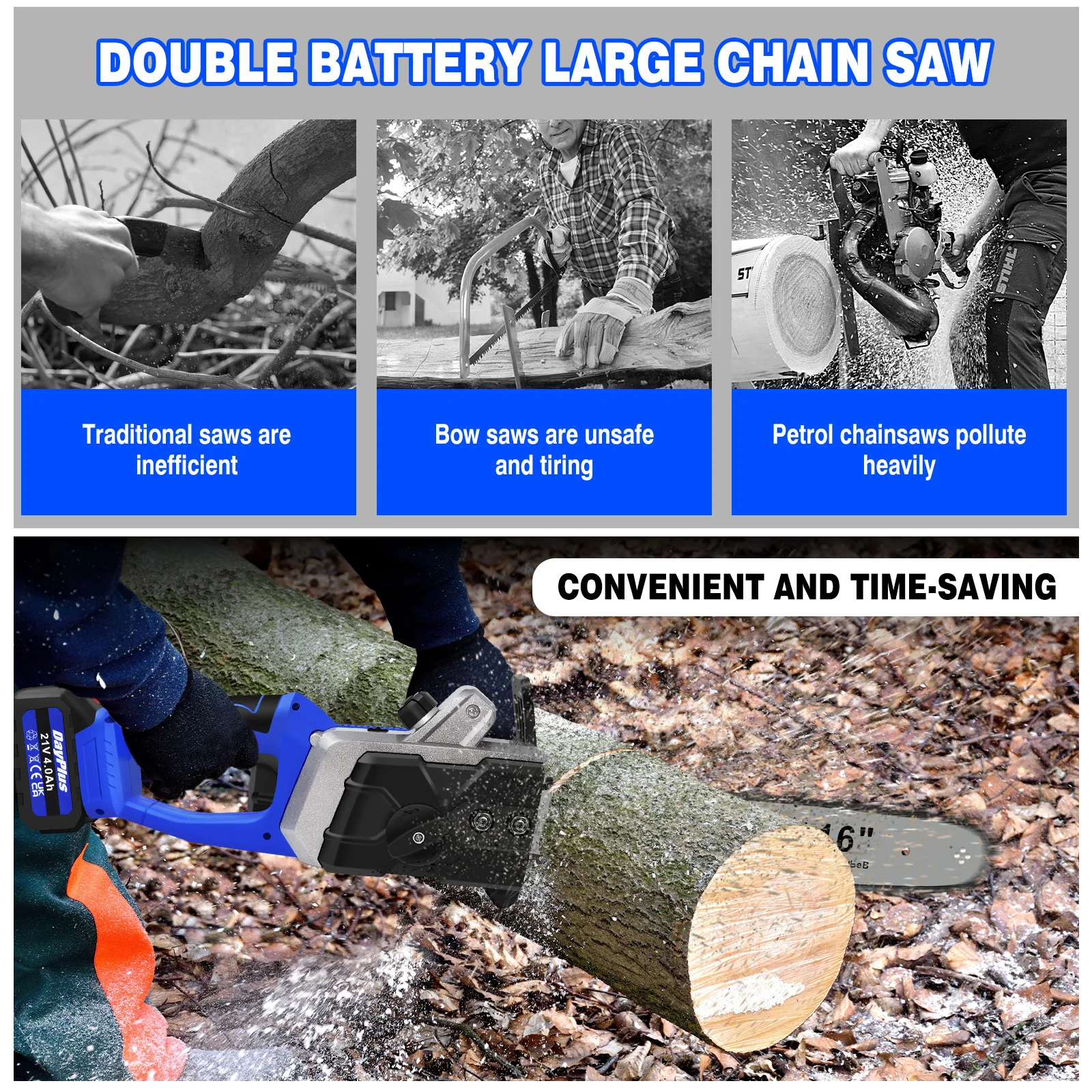 منشار لاسلكي 16 بوصة يعمل بالبطارية، محرك بدون فرشاة محمول 2000 وات، بطاريتين قطع سريع 13 متر/الثانية، مقاوم للصدمات، البستنة بنفسك