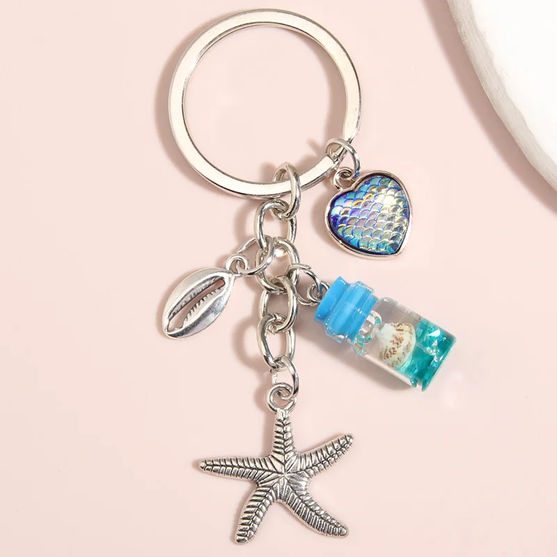 Sandbeach Keychain Shell Starfish Mermaid Turtle Key Ring Conch Drift Bottle Key Chains Sea Gifts For Women Men Handmade Jewelry