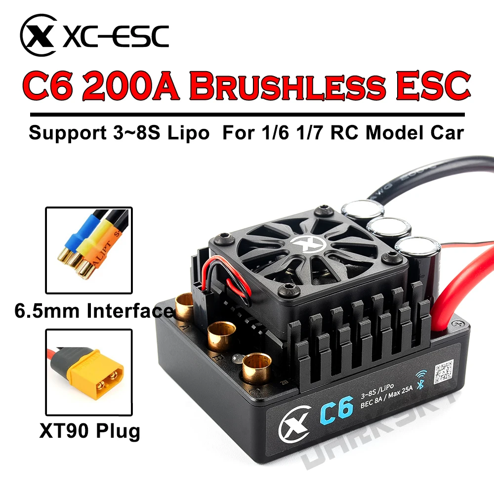 XC-ESC C6 200A Brushless ESC Support 3S~8S Lipo Battery For 1/7 1/6 RC Model Car Desert Truck Monster Truck Accessories