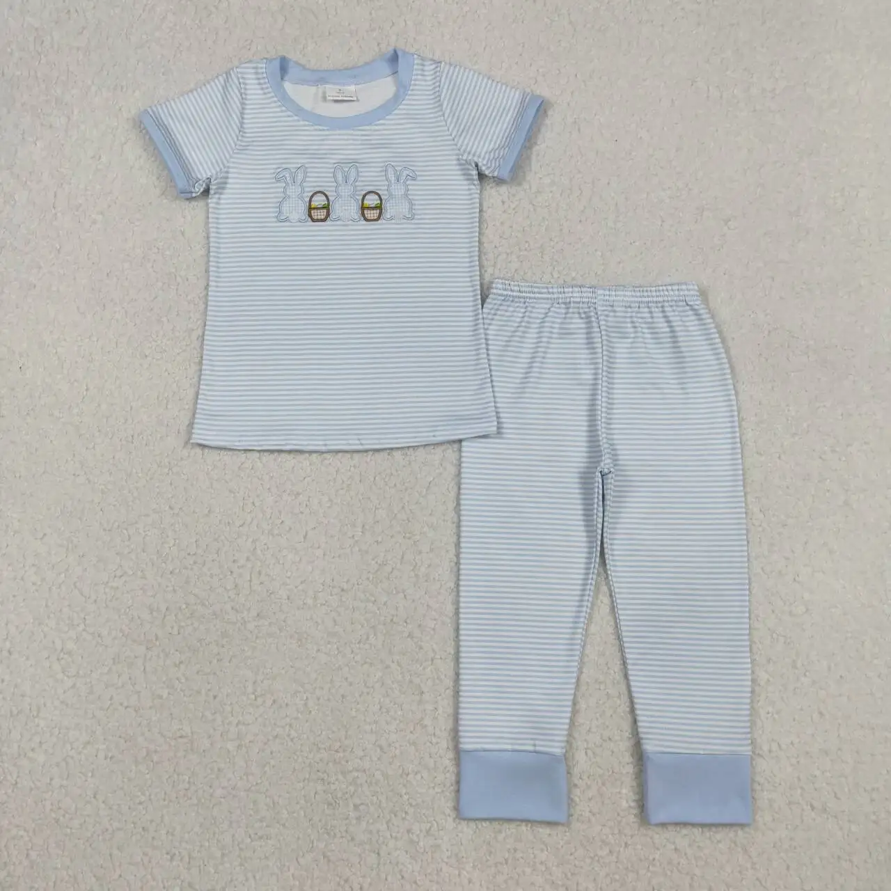 

Baby Boys Easter Pajamas Set Blue Stripe Short Sleeve Top with Rabbit Embroidery And Matching Pants Comfortable Cotton Sleepwear