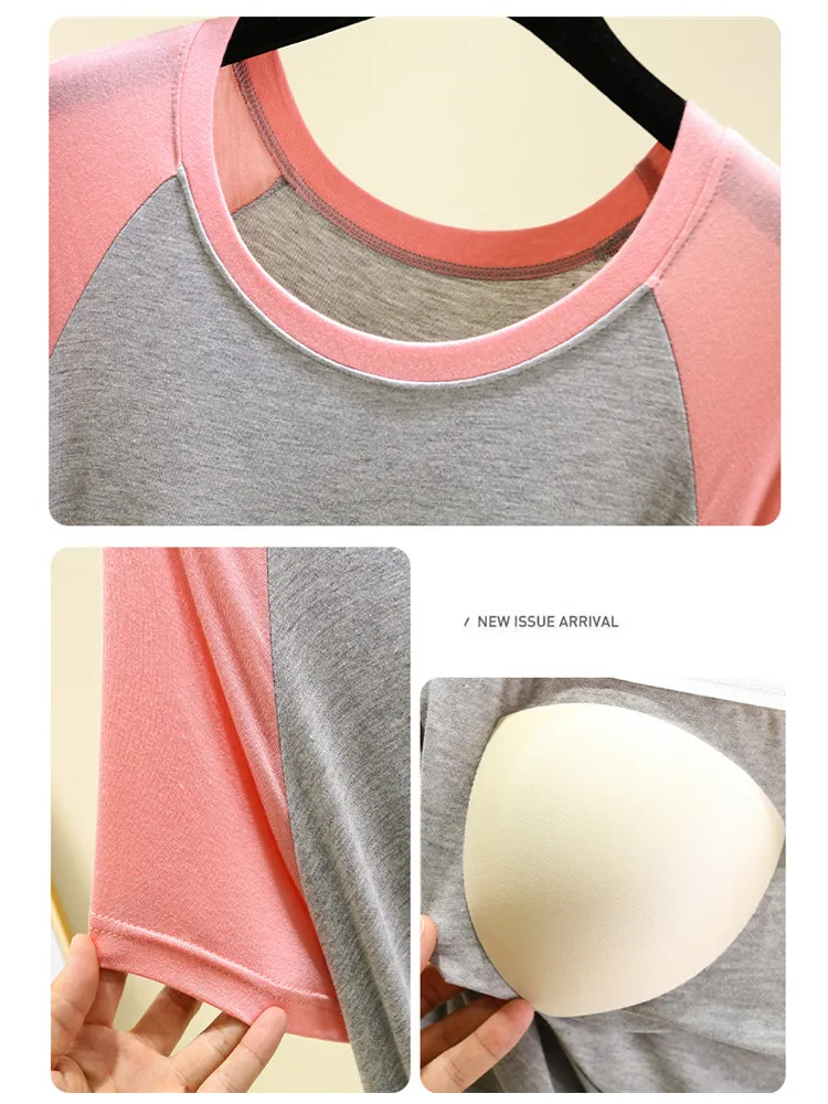 Women's Summer Modal Sleep Dress with Chest Pad One-Piece Wireless Bra Short Sleeve Thin Nightgown Home Clothes Dress