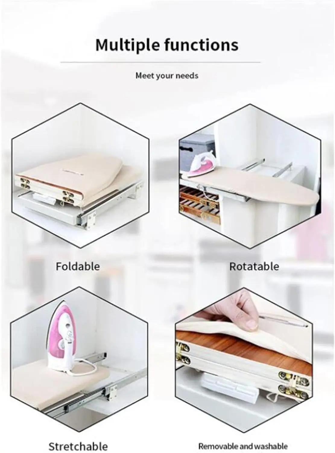 Ironing Boards Wooden Folding Ironing Board Rotatable 90° Drawer Ironing Platform with Heat-Resistant Cover for Space Saving