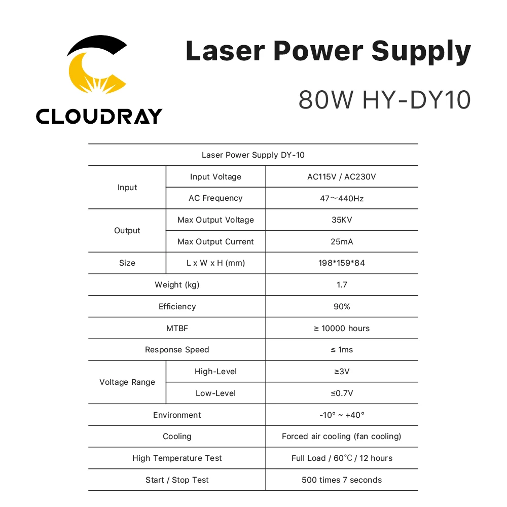 Cloudray-Fonte de alimentação a laser para gravação e máquina de corte, Dym10 CO2 Laser Tube, RECI W1, Z1, S1, DY Series