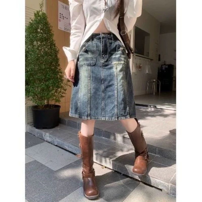 

2026 American Vintage Denim Skirt High Waist Cargo Casual A-Line Skirt