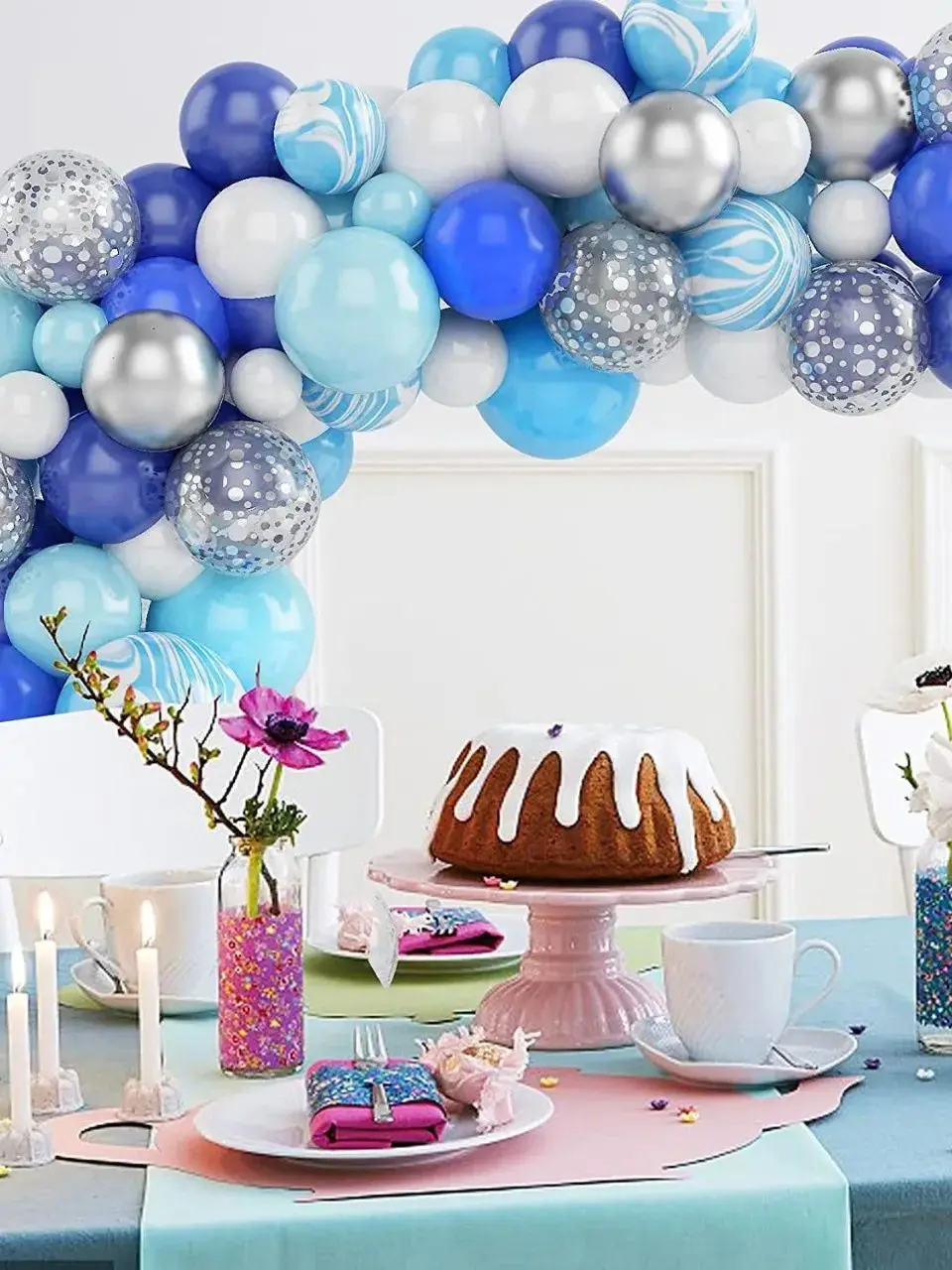 60/42PC Blue Set Agate Marble Balloons Silver Confetti Balloon Wedding Valentine's Day Baby Shower Birthday Party Decorations