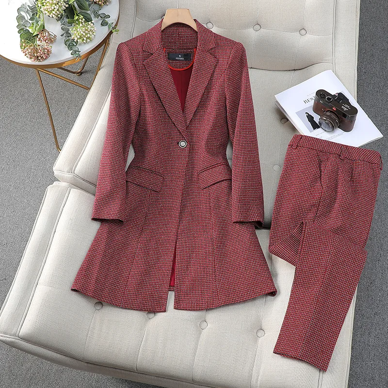Blazer da donna di lusso pantalone scozzese lungo giacca primavera autunno OL Trench sottile sottile retrรฒ Versatile completo da pendolare