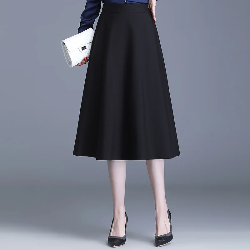 ZUZK Women Solid A-Line Suit Skirt Spring Autumn Elastic Waist Mid-Length Pocket Office Lady Skirt Casual Skirt