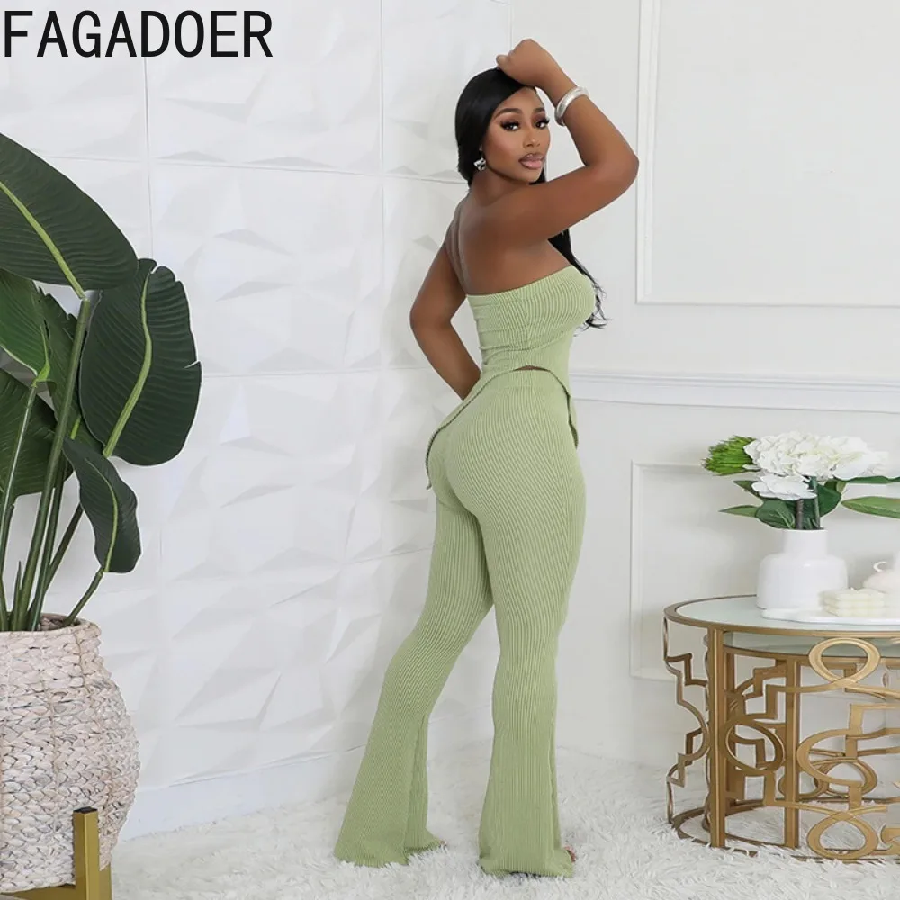 FAGADOER Fashion Streetwear Women Sleeveless Backless Irregular Tube And Skinny Pants Two Piece Sets Elegant Lady OL 2pcs Outfit